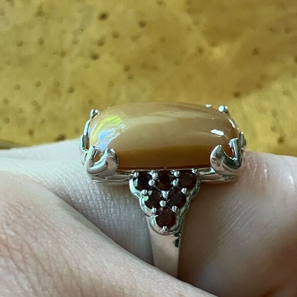 Natural Caramel Opal Red Garnet Sterling Silver Ring Size 6 - Picture 3 of 9